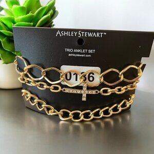 Ashley Stewart Trio Anklet Set  Gold-Tone Chains & Rhinestone Cross Festival